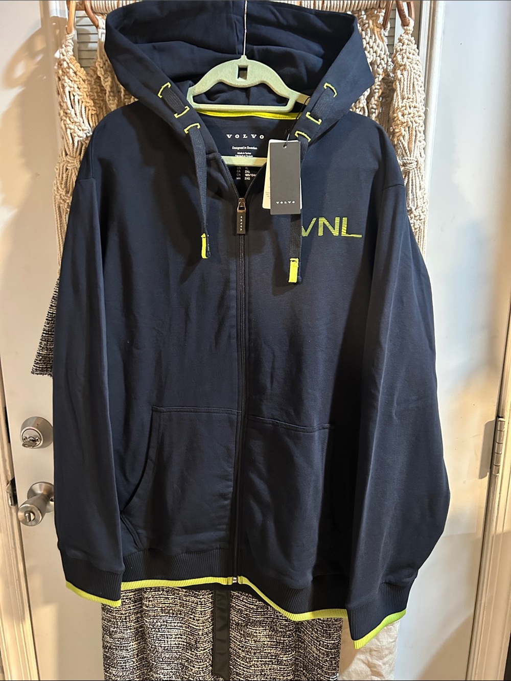 Volvo VNL Men's Navy Zip-Up Windbreaker Hoodie with Neon Yellow Accents